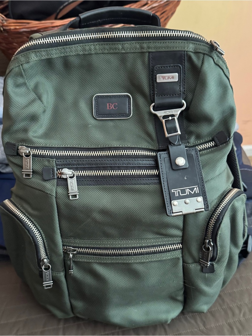 Tumi Olive Green Nylon Backpack with Black Leather Trim